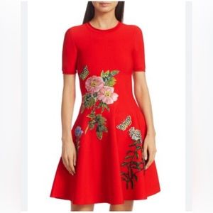 Red Oscar de la Renta fit and flare floral appliqué dress